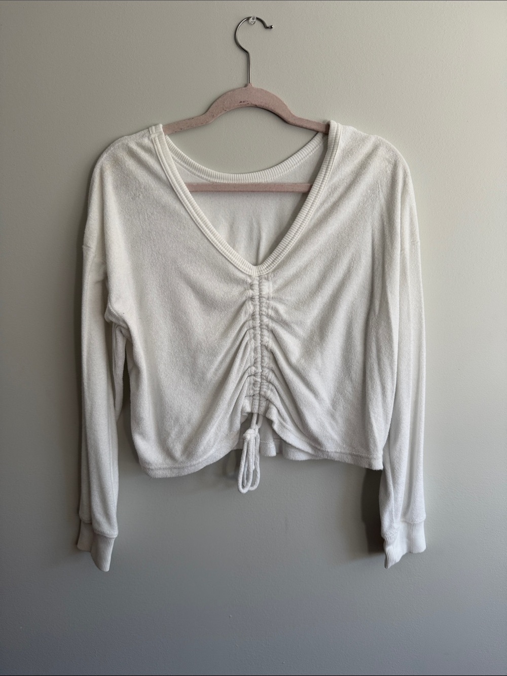 aerie White V-Neck Ruched Drawstring Sweatshirt